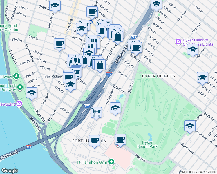 map of restaurants, bars, coffee shops, grocery stores, and more near 166 Battery Avenue in Brooklyn
