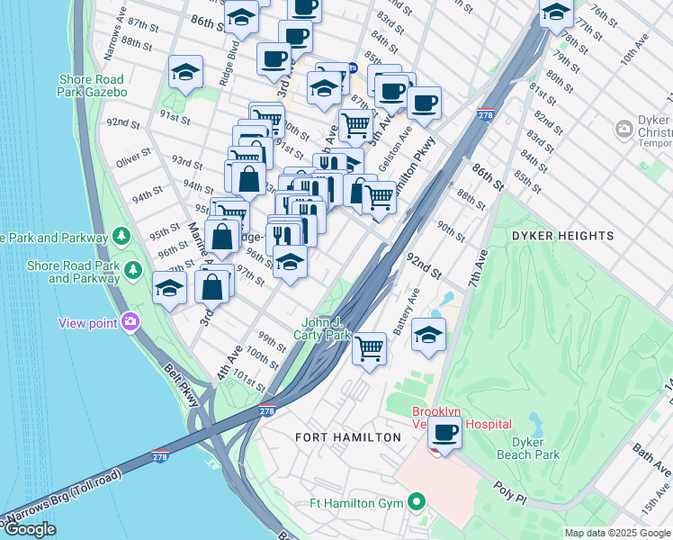 map of restaurants, bars, coffee shops, grocery stores, and more near 544B 94th Street in Brooklyn