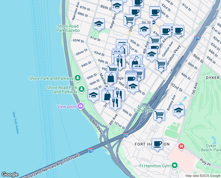 map of restaurants, bars, coffee shops, grocery stores, and more near 9701 3rd Avenue in Brooklyn