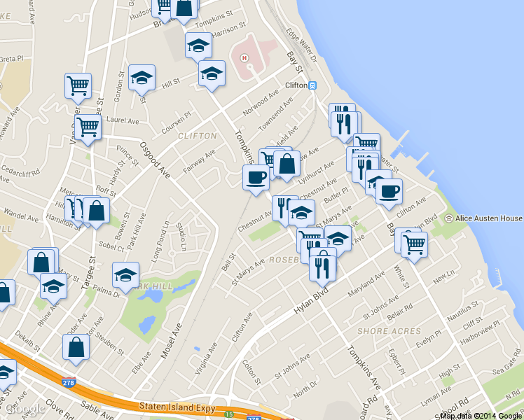 map of restaurants, bars, coffee shops, grocery stores, and more near 179 Chestnut Avenue in Staten Island