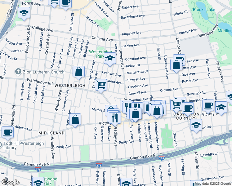 map of restaurants, bars, coffee shops, grocery stores, and more near 52 Markham Place in Staten Island
