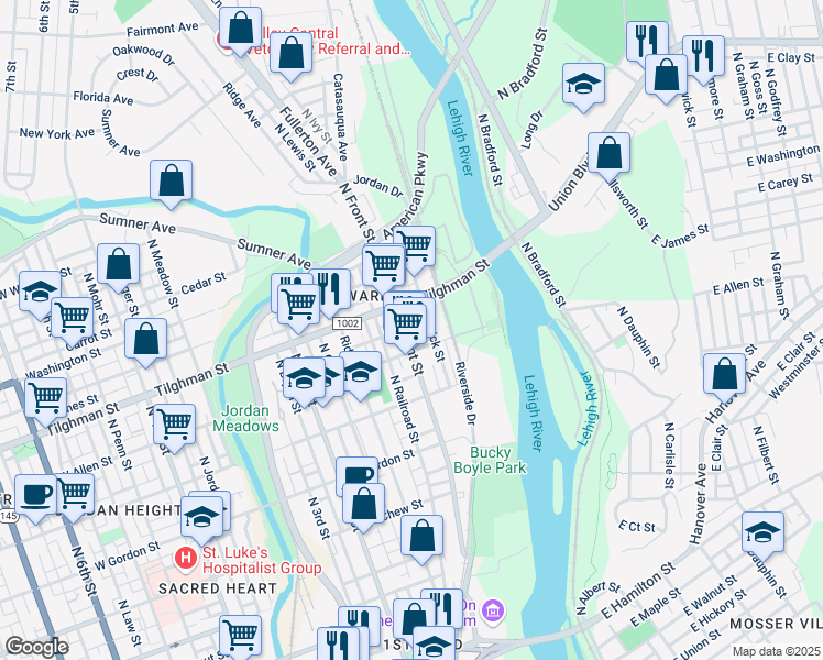 map of restaurants, bars, coffee shops, grocery stores, and more near 620 North Brick Street in Allentown