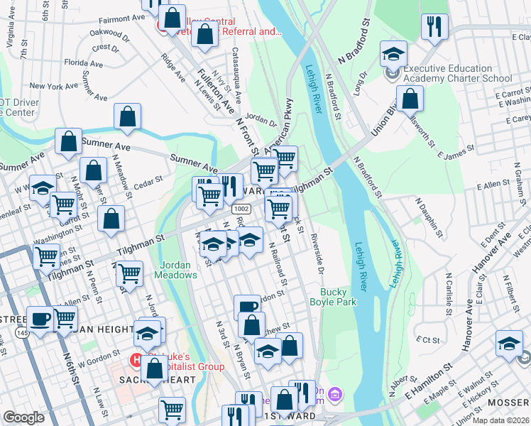 map of restaurants, bars, coffee shops, grocery stores, and more near in Allentown