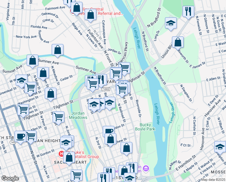 map of restaurants, bars, coffee shops, grocery stores, and more near in Allentown