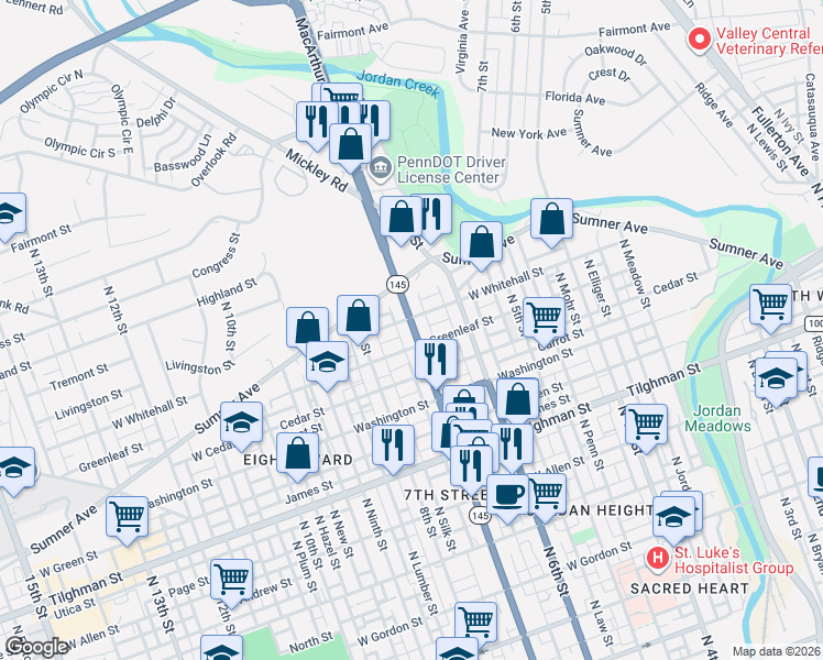 map of restaurants, bars, coffee shops, grocery stores, and more near 918 North 7th Street in Allentown