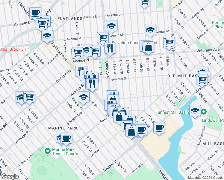 map of restaurants, bars, coffee shops, grocery stores, and more near 2303 Utica Ave in Brooklyn