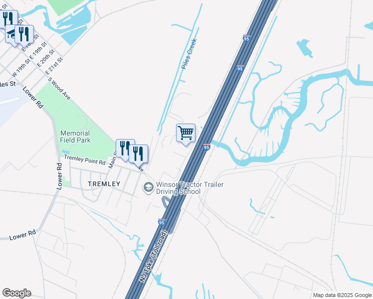 map of restaurants, bars, coffee shops, grocery stores, and more near 3401 Tremley Point Road in Linden