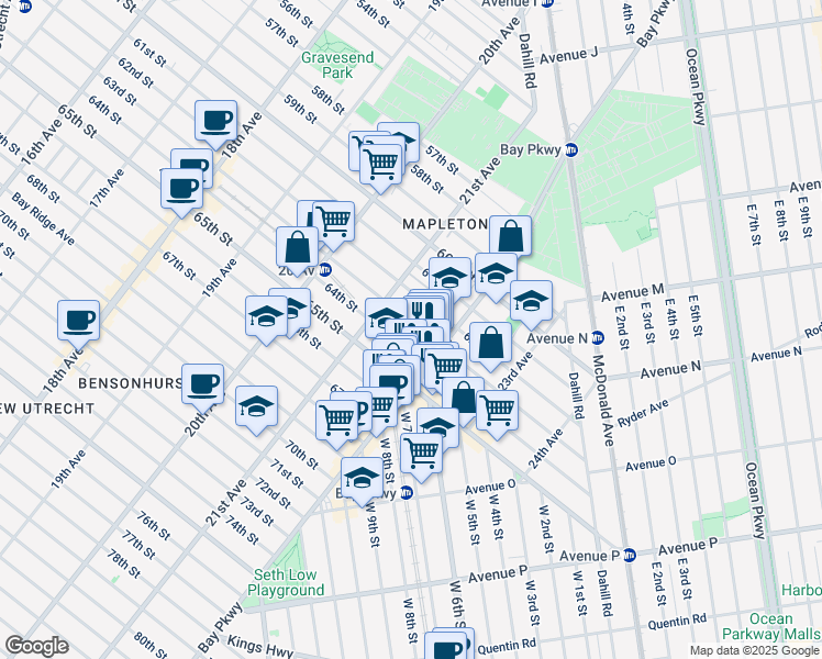 map of restaurants, bars, coffee shops, grocery stores, and more near 2146 63rd Street in Brooklyn