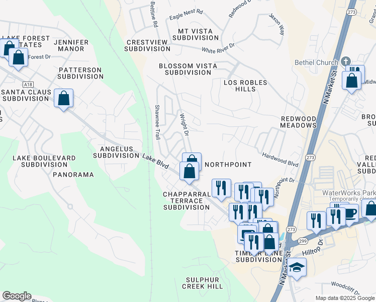 map of restaurants, bars, coffee shops, grocery stores, and more near 657 Little Deer Lane in Redding