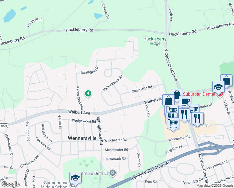 map of restaurants, bars, coffee shops, grocery stores, and more near 1700 Brandywine Road in Allentown