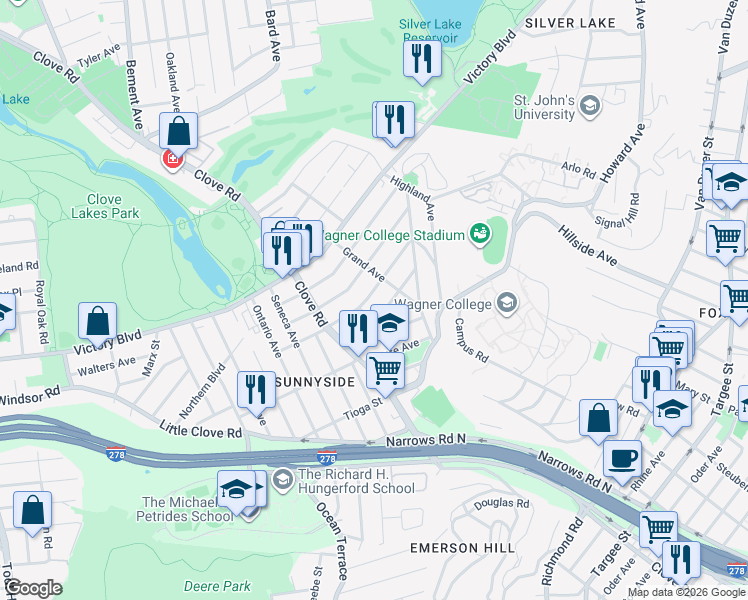 map of restaurants, bars, coffee shops, grocery stores, and more near 122 Van Cortlandt Avenue in Staten Island