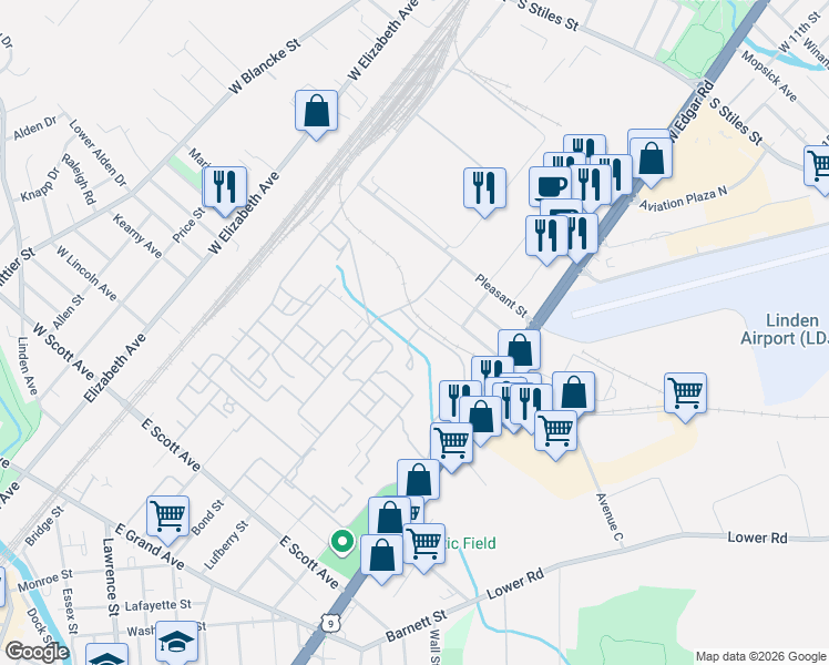 map of restaurants, bars, coffee shops, grocery stores, and more near 1680 West Edgar Road in Linden