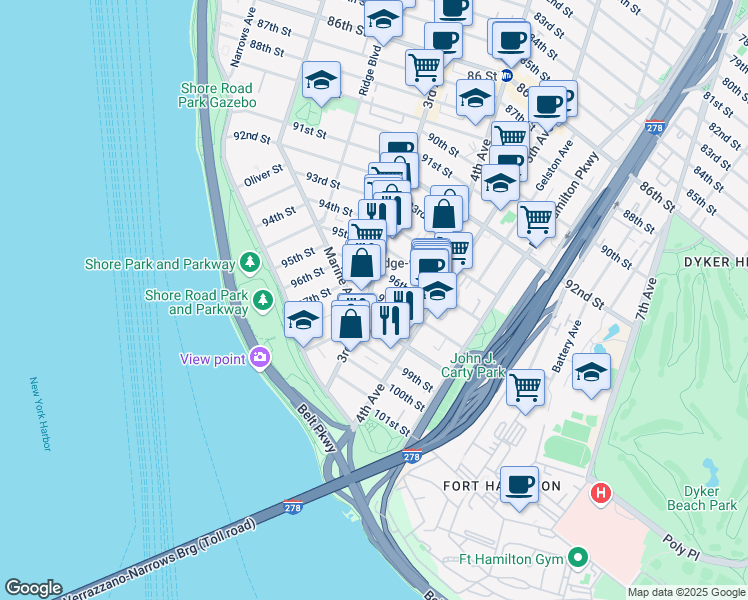 map of restaurants, bars, coffee shops, grocery stores, and more near 9701 3rd Avenue in Brooklyn