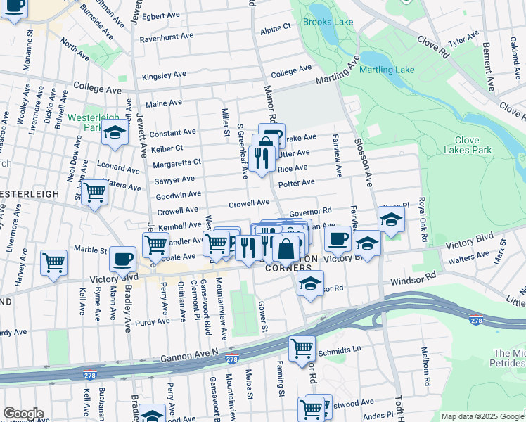 map of restaurants, bars, coffee shops, grocery stores, and more near 11 Raymond Avenue in Staten Island
