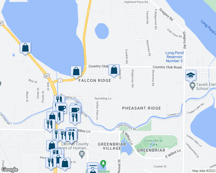 map of restaurants, bars, coffee shops, grocery stores, and more near 512 Spaulding Lane in Fort Collins