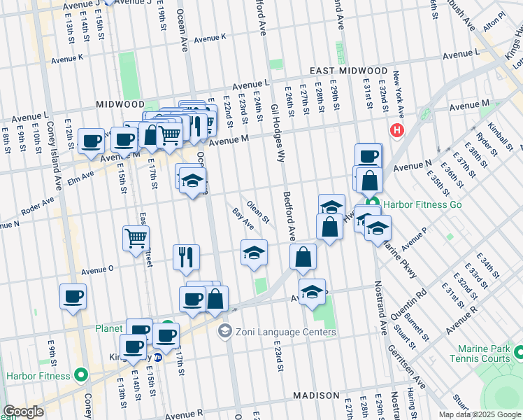 map of restaurants, bars, coffee shops, grocery stores, and more near 1435 East 23rd Street in Brooklyn