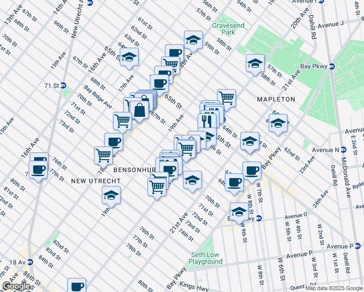 map of restaurants, bars, coffee shops, grocery stores, and more near 1934 68th Street in Brooklyn