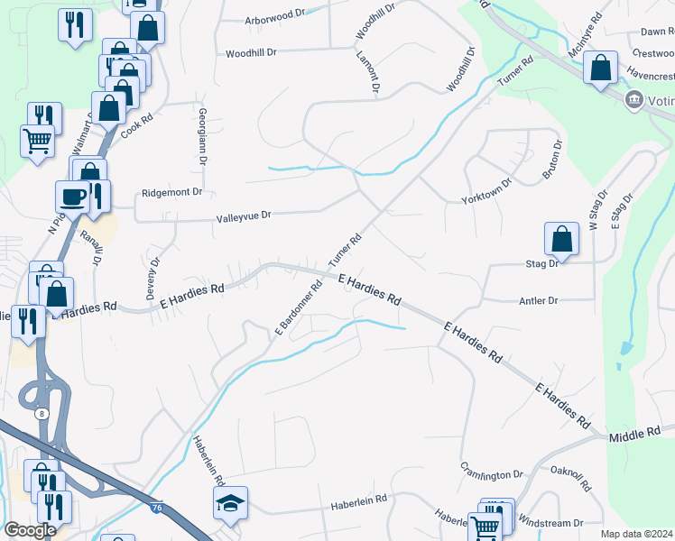 map of restaurants, bars, coffee shops, grocery stores, and more near 3125 East Hardies Road in Gibsonia