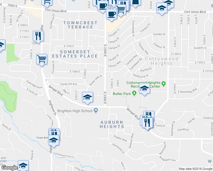 map of restaurants, bars, coffee shops, grocery stores, and more near 7461 South 2300 East in Cottonwood Heights