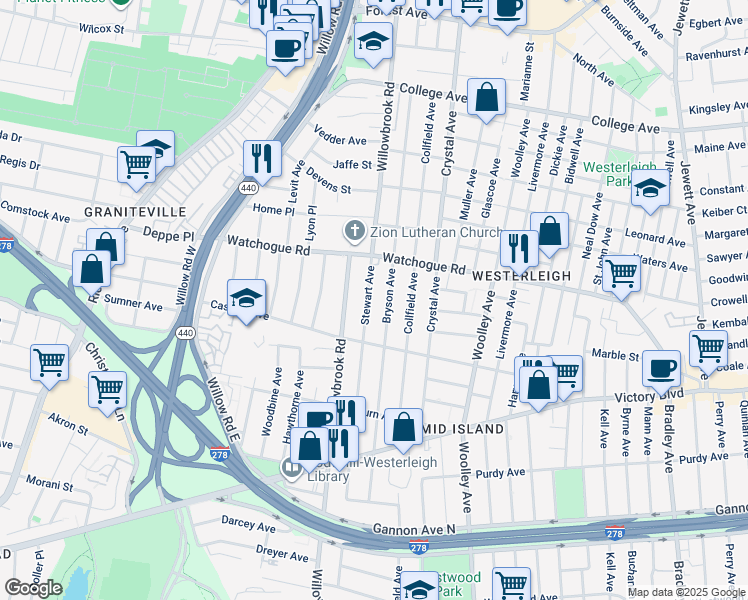 map of restaurants, bars, coffee shops, grocery stores, and more near 345 Stewart Avenue in Staten Island