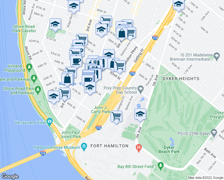 map of restaurants, bars, coffee shops, grocery stores, and more near 9315 Fort Hamilton Parkway in Brooklyn
