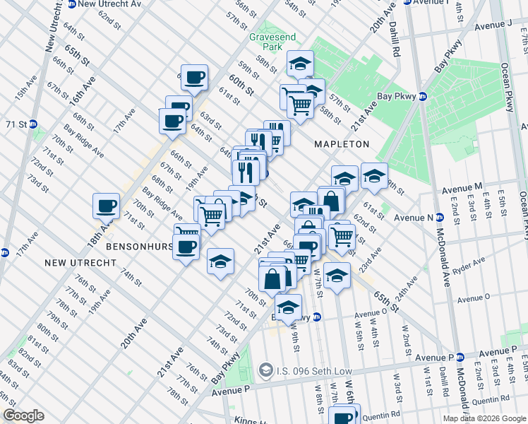 map of restaurants, bars, coffee shops, grocery stores, and more near 2060 65th Street in Brooklyn