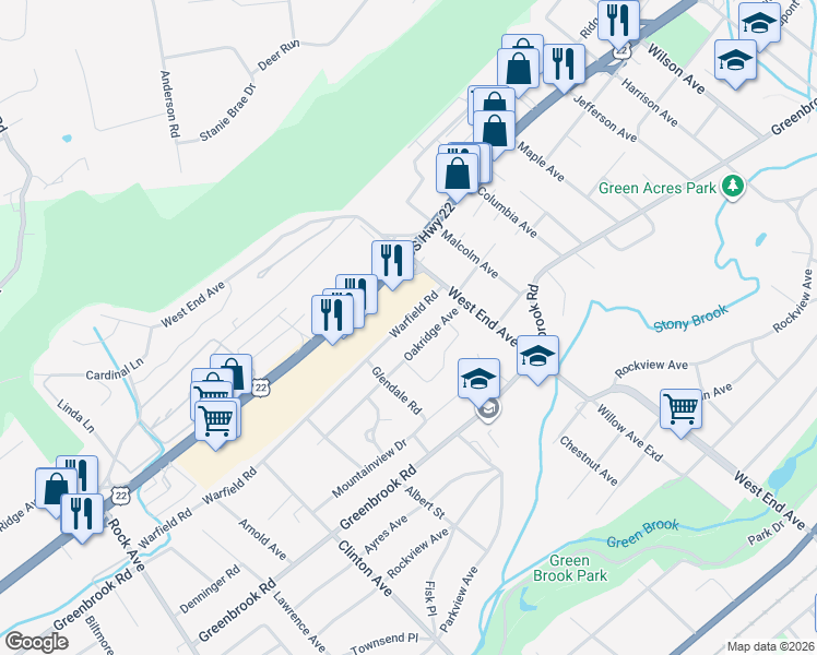 map of restaurants, bars, coffee shops, grocery stores, and more near 444 Warfield Road in North Plainfield