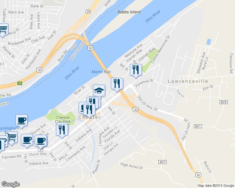 map of restaurants, bars, coffee shops, grocery stores, and more near 649 Carolina Avenue in Chester