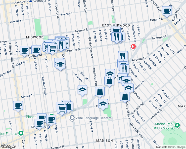 map of restaurants, bars, coffee shops, grocery stores, and more near 3556 Bedford Avenue in Brooklyn