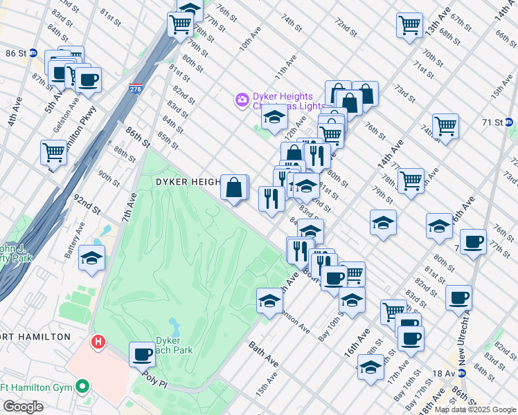 map of restaurants, bars, coffee shops, grocery stores, and more near 1237 85th Street in Brooklyn