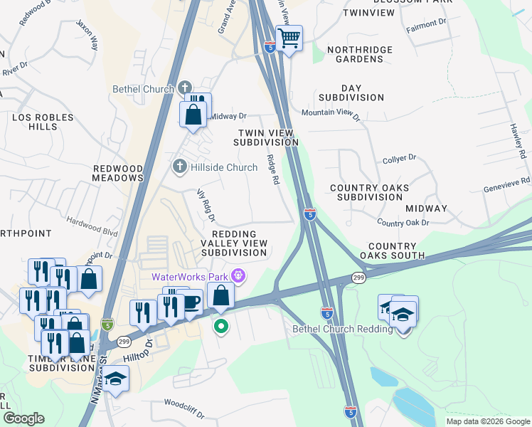 map of restaurants, bars, coffee shops, grocery stores, and more near 5414 Valleyridge Drive in Redding