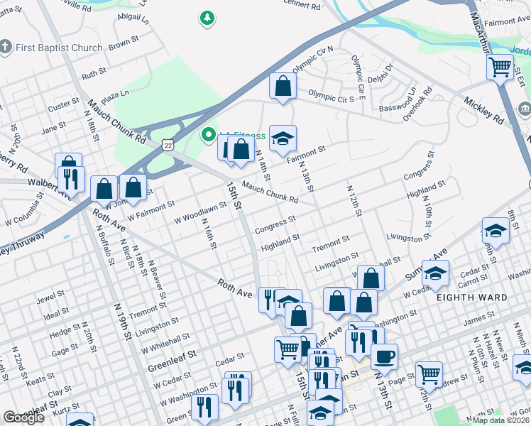 map of restaurants, bars, coffee shops, grocery stores, and more near 1414 Pennsylvania Street in Allentown
