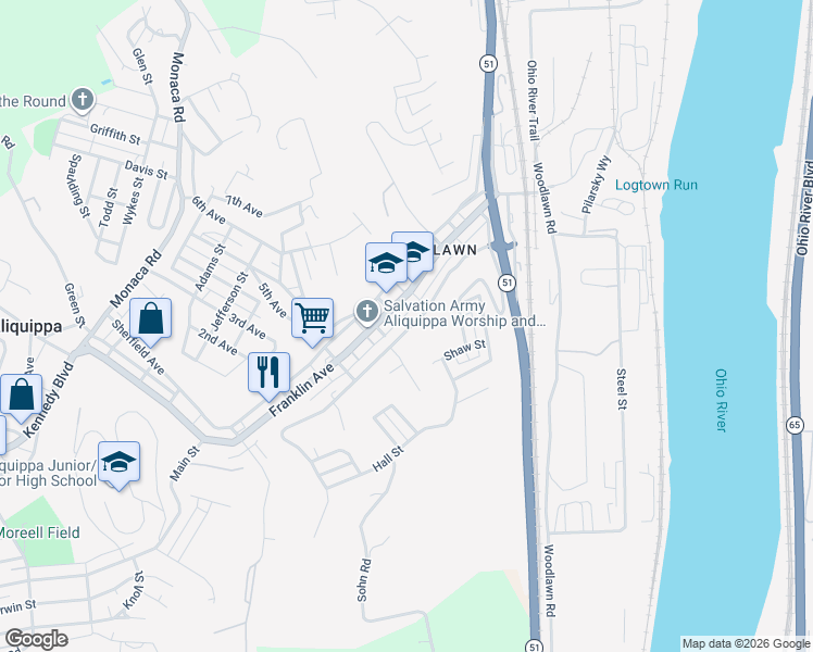 map of restaurants, bars, coffee shops, grocery stores, and more near 428 Hopewell Avenue in Aliquippa