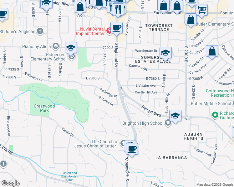 map of restaurants, bars, coffee shops, grocery stores, and more near 1997 Parkridge Drive in Cottonwood Heights