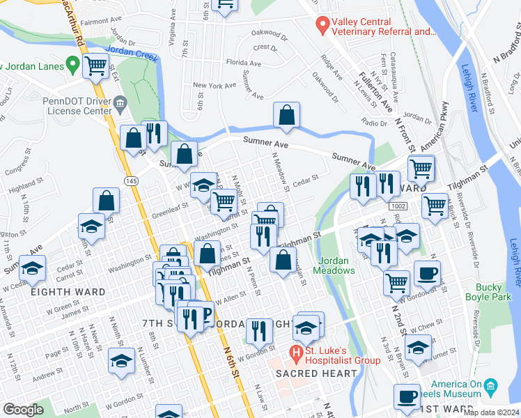 map of restaurants, bars, coffee shops, grocery stores, and more near 809 North 4th Street in Allentown