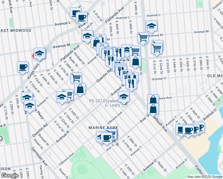 map of restaurants, bars, coffee shops, grocery stores, and more near 1770 Coleman Street in Brooklyn