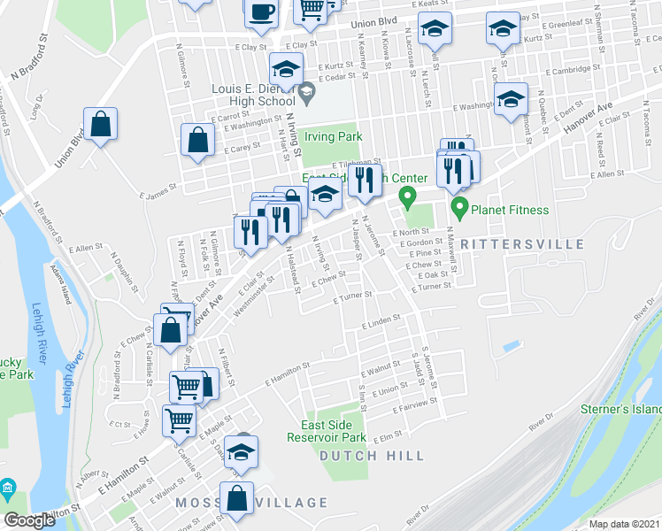 map of restaurants, bars, coffee shops, grocery stores, and more near 313 North Irving Street in Allentown