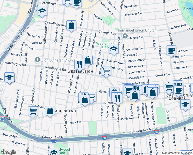 map of restaurants, bars, coffee shops, grocery stores, and more near 196 Watchogue Road in Staten Island