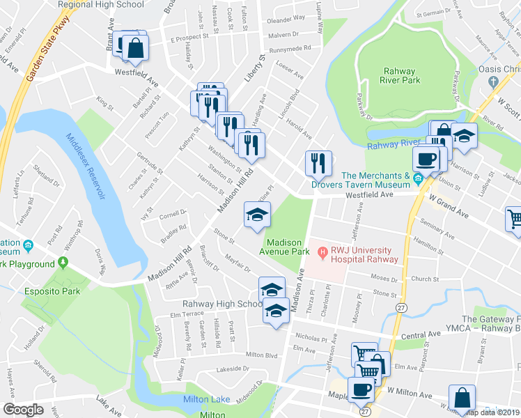 map of restaurants, bars, coffee shops, grocery stores, and more near 1227 Kline Place in Rahway