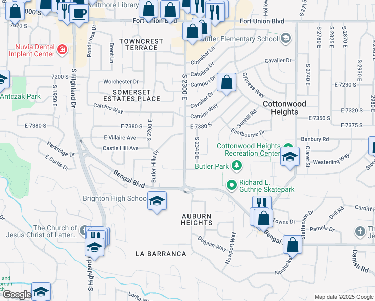 map of restaurants, bars, coffee shops, grocery stores, and more near 7461 South 2300 East in Cottonwood Heights