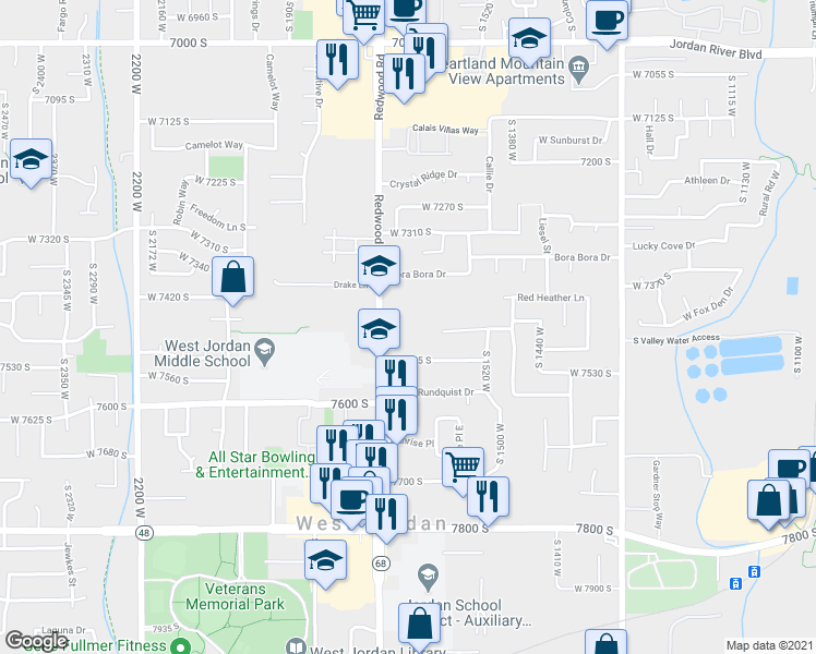 map of restaurants, bars, coffee shops, grocery stores, and more near 7481 South Redwood Road in West Jordan