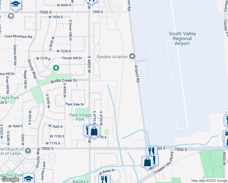 map of restaurants, bars, coffee shops, grocery stores, and more near 7466 Wood Farms Drive in West Jordan