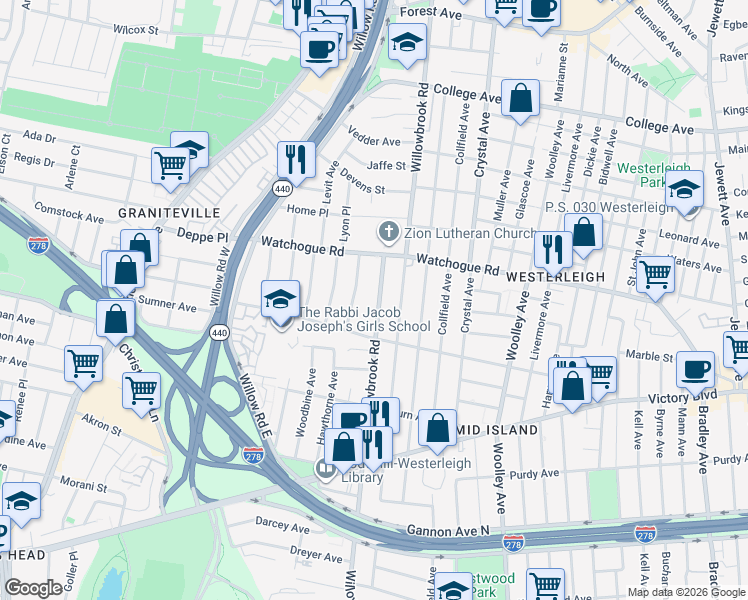 map of restaurants, bars, coffee shops, grocery stores, and more near 354 Willowbrook Road in Staten Island