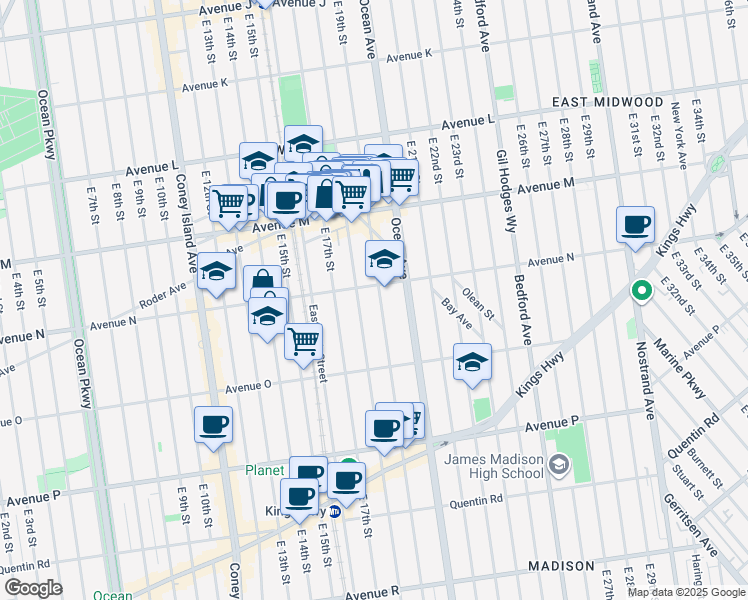 map of restaurants, bars, coffee shops, grocery stores, and more near 1424 East 19th Street in Brooklyn