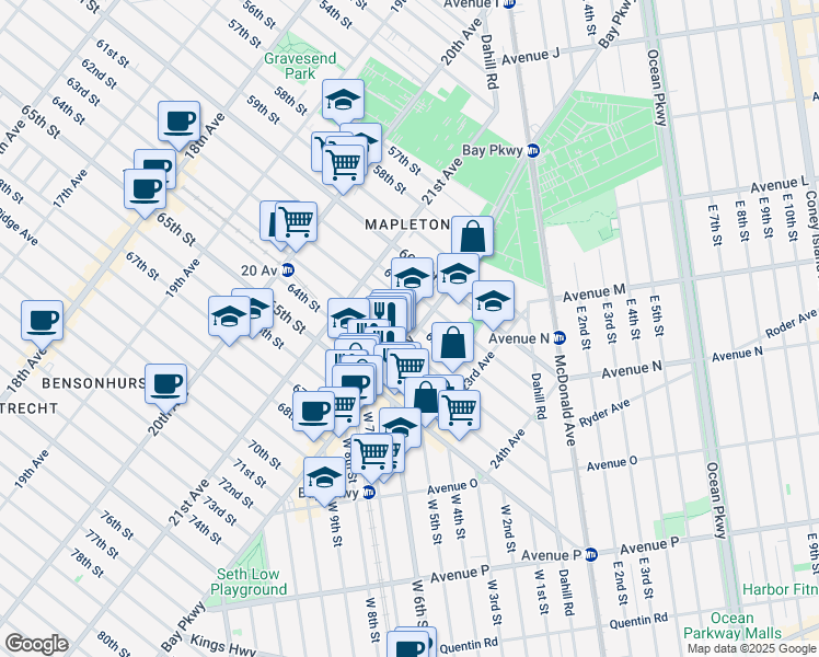map of restaurants, bars, coffee shops, grocery stores, and more near 6206 Bay Parkway in Brooklyn