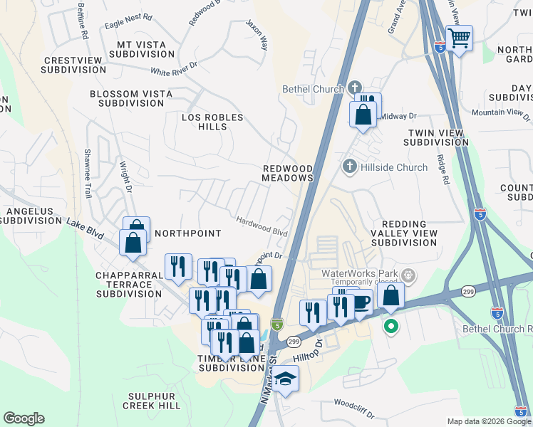 map of restaurants, bars, coffee shops, grocery stores, and more near 418 Bitterroot Drive in Redding