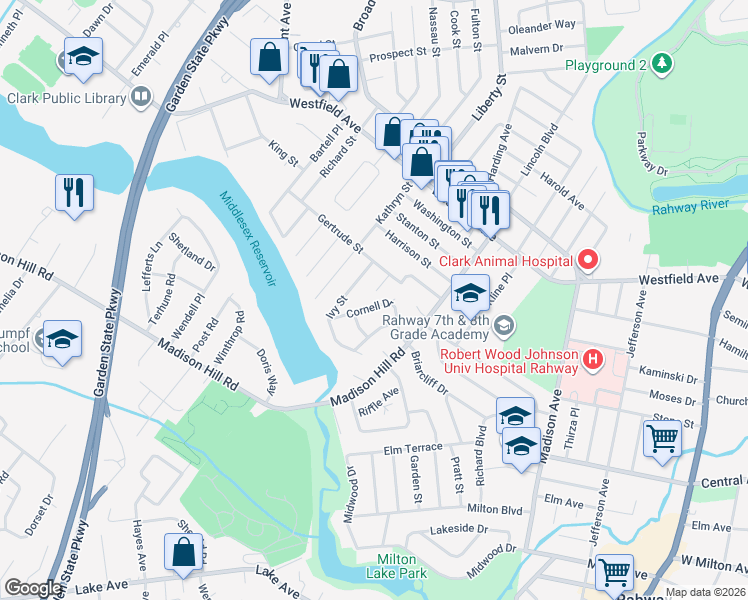 map of restaurants, bars, coffee shops, grocery stores, and more near 71 Cornell Drive in Clark