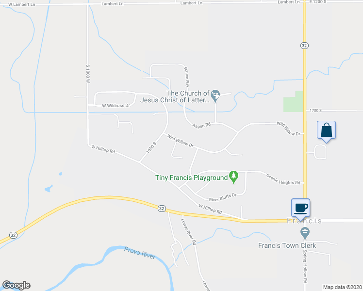 map of restaurants, bars, coffee shops, grocery stores, and more near 566 Wild Willow Drive in Kamas