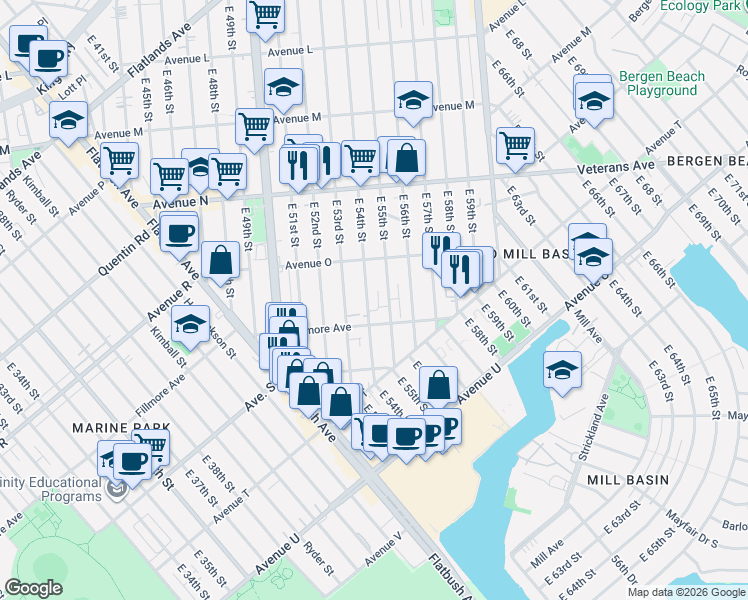 map of restaurants, bars, coffee shops, grocery stores, and more near 1722 East 54th Street in Brooklyn