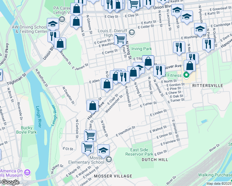 map of restaurants, bars, coffee shops, grocery stores, and more near 716 Hanover Avenue in Allentown